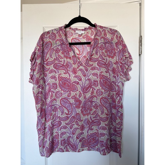 J. Jill Tops - J. Jill Pink Purple Paisley Ruffle Neck Flutter Sleeve Blouse Top Womens Medium